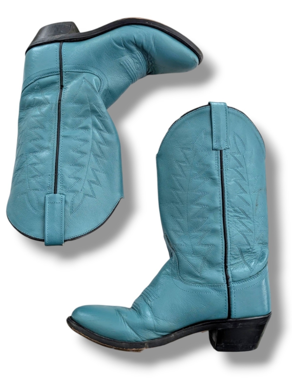Vintage Old West Turquoise Leather Women's Heeled Cowboy Boots, Size 050 (5.5) - Picture 2 of 13